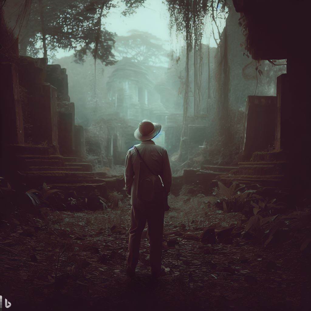 El arqueólogo mirando un lugar vacío donde antes estaba el templo, con la selva alrededor. Estilo Melancólico y misterioso, con tonos apagados y una sensación de pérdida.
